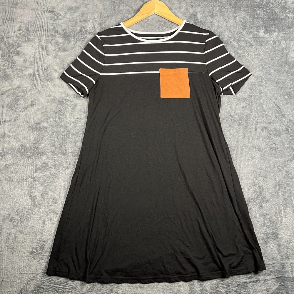 Emery Rose Mini Pocket Dress Womens Large Black White Striped Short Sleeve